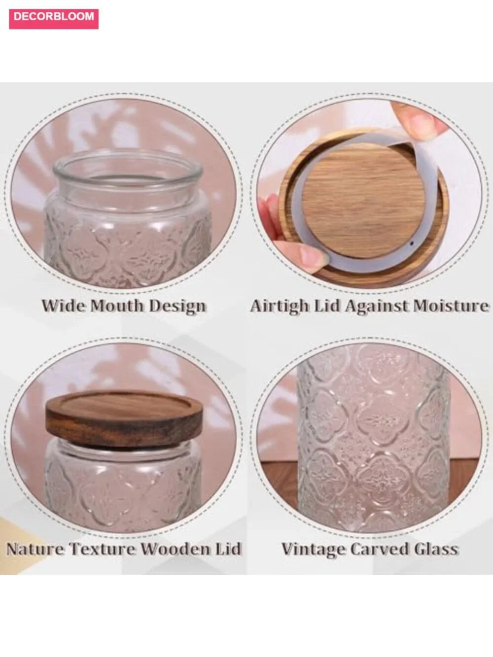 Vintage Glass Food Storage Jars 3-Pack Airtight Wood Lids Kitchen Canisters